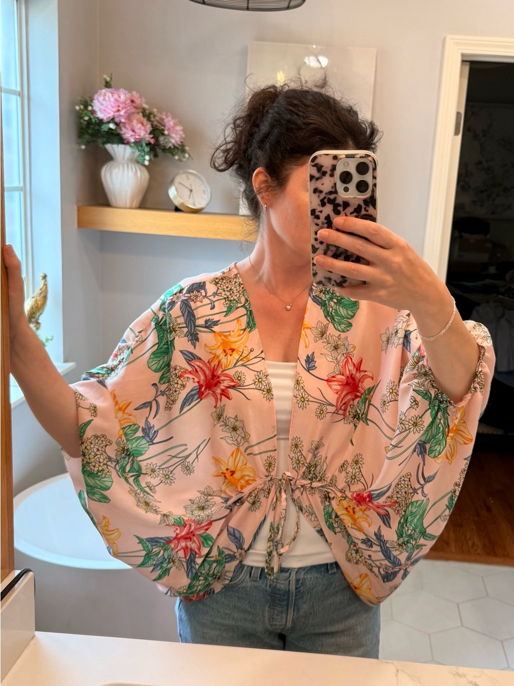 Boutique Floral Kimono Blouse Pink Boho Tie Front Oversized Top